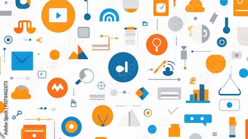  Abstract seamless pattern with colorful buttons and icons on a white background, in a flat lay