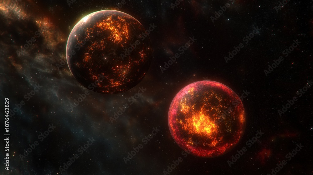 Fiery celestial bodies colliding in cosmic space Fiery celestial bodies colliding in cosmic space