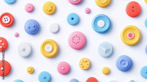  Abstract seamless pattern with colorful buttons and icons on a white background, in a flat lay