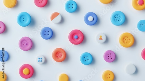  Abstract seamless pattern with colorful buttons and icons on a white background, in a flat lay
