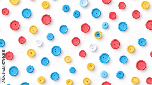  Abstract seamless pattern with colorful buttons and icons on a white background, in a flat lay