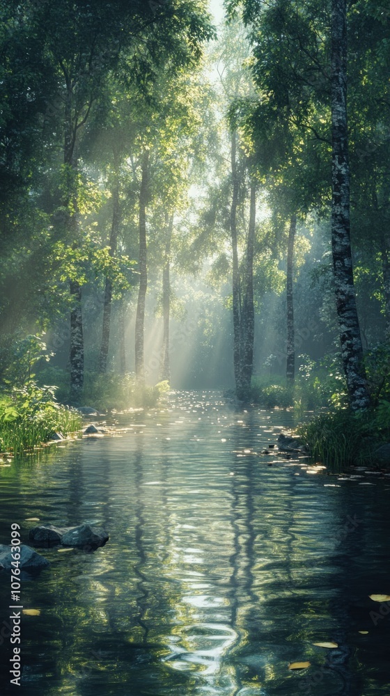 Sunbeams Illuminating a Stream in a Misty Forest Sunbeams Illuminating a Stream in a Misty Forest