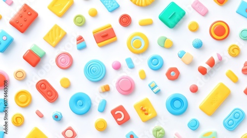  Abstract seamless pattern with colorful buttons and icons on a white background, in a flat lay