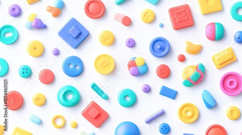  Abstract seamless pattern with colorful buttons and icons on a white background, in a flat lay