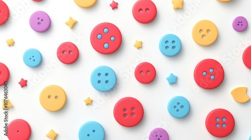  Abstract seamless pattern with colorful buttons and icons on a white background, in a flat lay