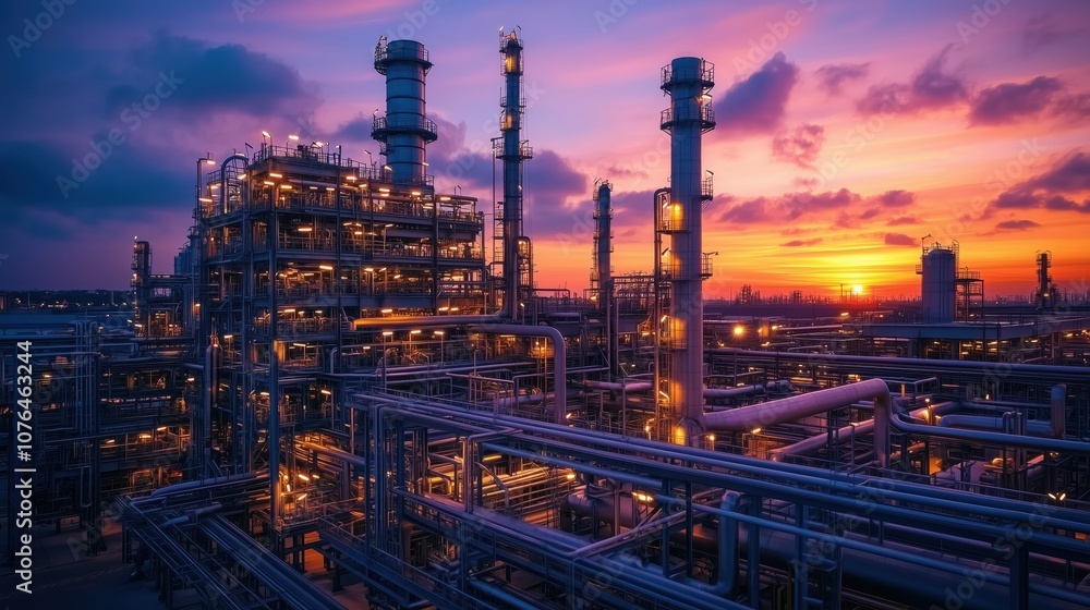 Fototapeta premium Petrochemical facility with pipelines. Petrochemical facility at twilight, featuring pipelines and storage towers against a colorful evening sky, illustrating energy and manufacturing infrastructure.