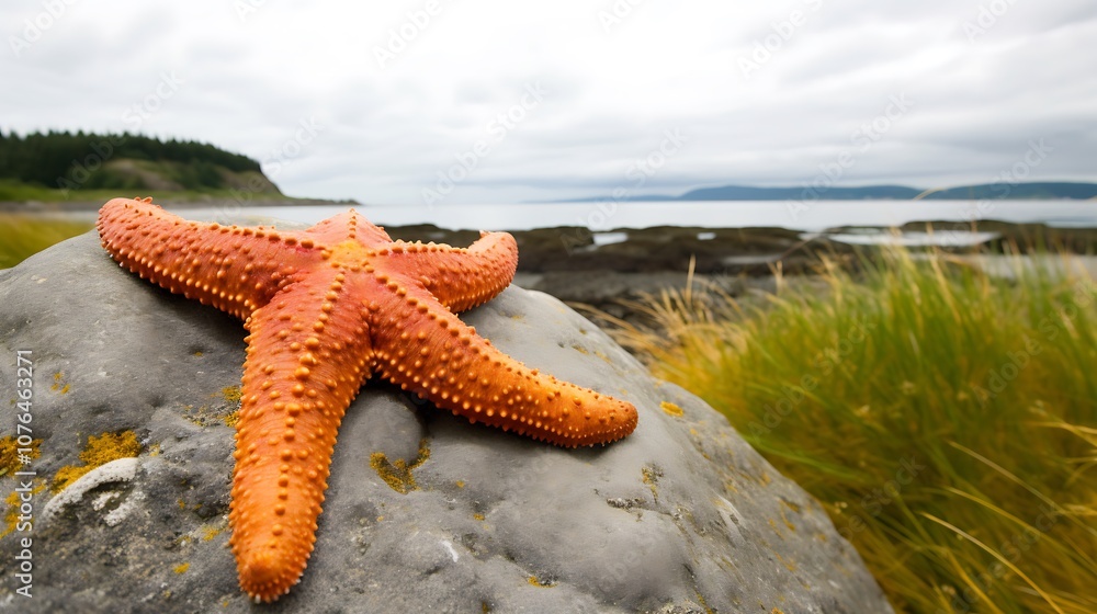 Orange Starfish on a Rocky Seashore with Grass Orange Starfish on a Rocky Seashore with Grass
