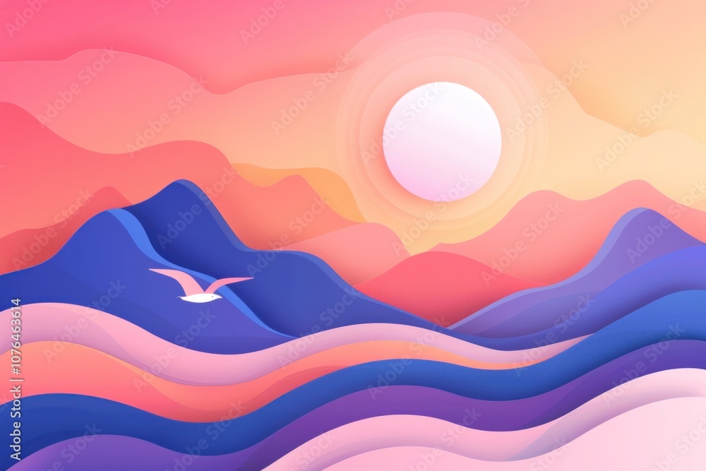 Obraz premium Vibrant abstract sunset with mountains and soaring bird in pastel hues