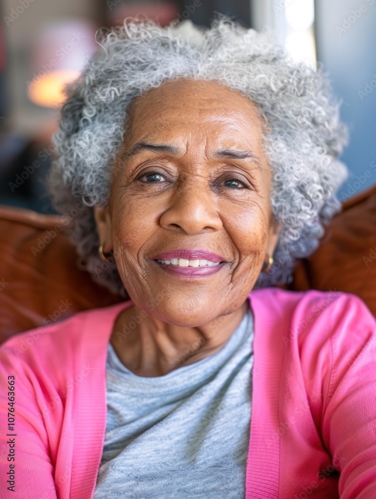 Senior woman smiling in cozy home setting with natural light Senior woman smiling in cozy home setting with natural light