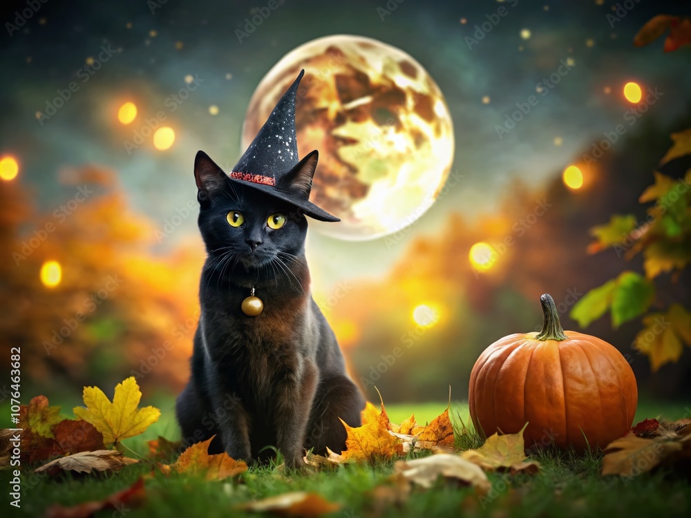 Enchanting Halloween Scene with a Tilt-Shift Focus on a Witch Hat and Black Cat with Glowing Green Eyes Under a Starry Night Sky Enchanting Halloween Scene with a Tilt-Shift Focus on a Witch Hat and Black Cat with Glowing Green Eyes Under a Starry Night Sky