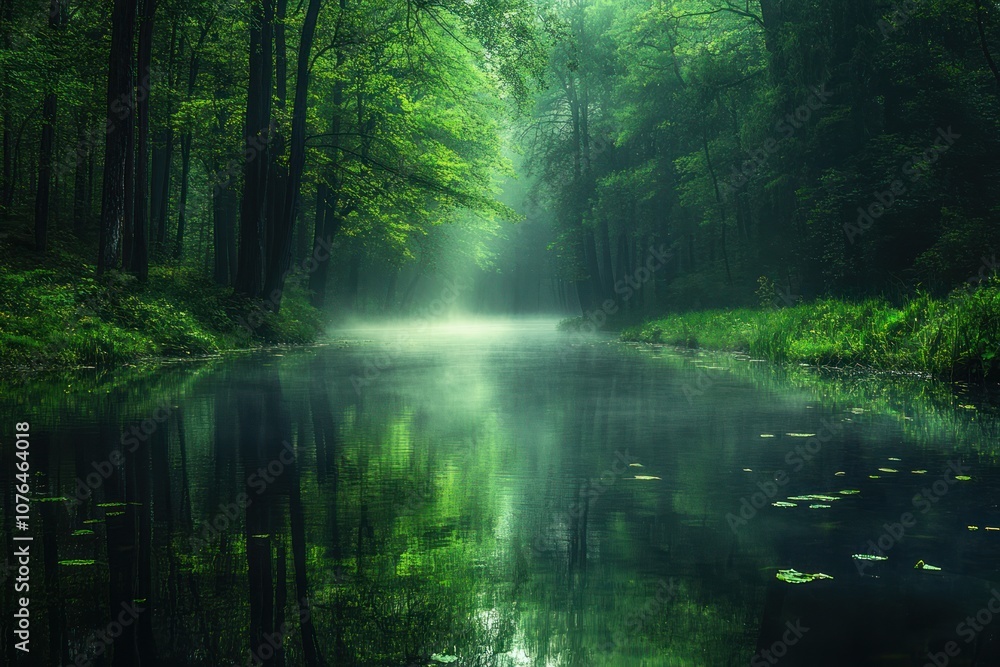 Fototapeta premium Misty Forest Stream with Sunbeams Breaking Through the Canopy
