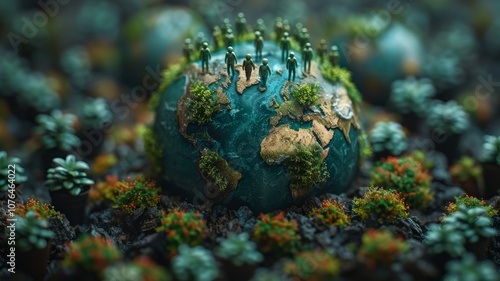 Wallpaper Mural Miniature people on lush globe surrounded by vibrant plants and succulents Torontodigital.ca