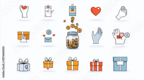 Set of charity and donation icons symbolizing philanthropic causes fundraising efforts and acts of kindness through imagery like coins dropped into a donation jar heart shaped hands and gift boxes