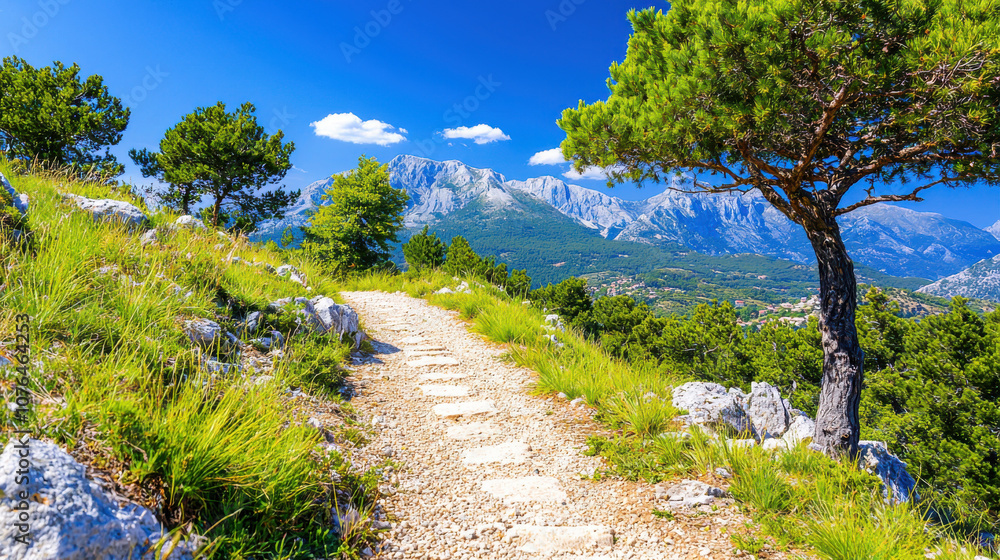 scenic hiking trail winds through lush greenery with stunning mountain view under clear blue sky, offering sense of tranquility and adventure