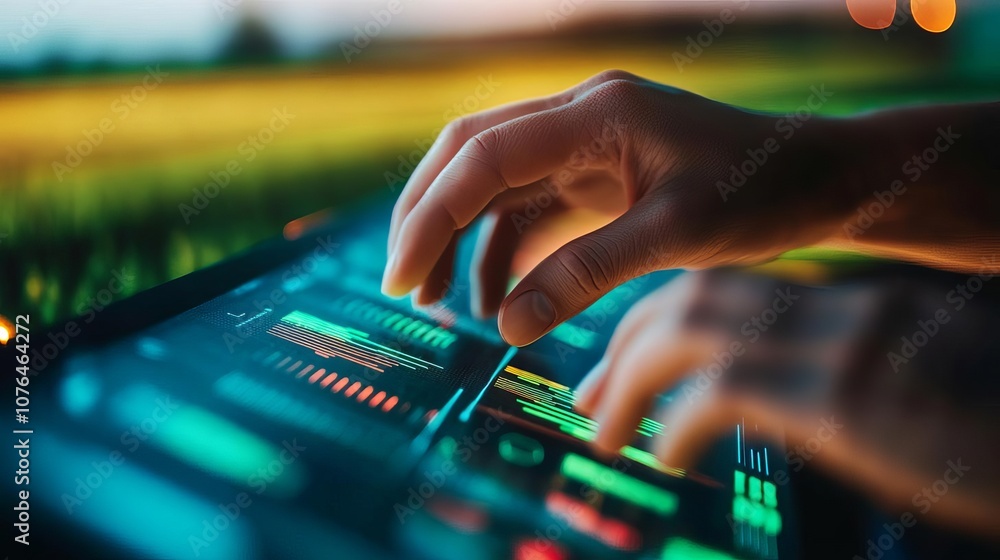 Hands operating futuristic agricultural data screen, fields in background, green tech theme, agriculture, tech interface Hands operating futuristic agricultural data screen, fields in background, green tech theme, agriculture, tech interface