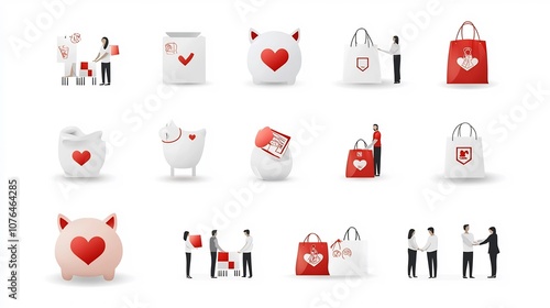 Charity Icon Collection Portraying Community Generosity and Humanitarian Aid Through Symbolic Imagery of Piggy Bank with Heart Helping Hands and Donation Bags photo