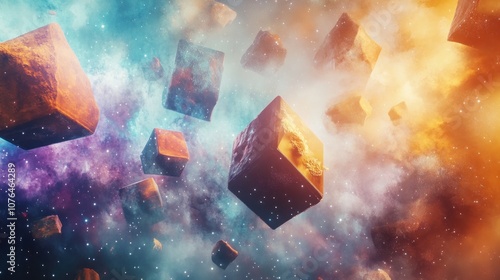 Cosmic Cubes Drifting Through a Starry Nebula photo