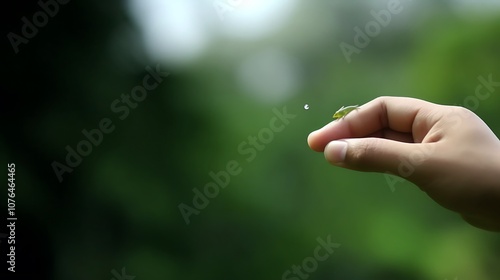 Small Green Lizard on a Fingertip with a Water Droplet in the Air