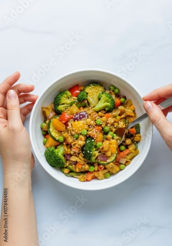 Close-up of a vegan buddha bowl with vegetables and grains with hands , highlighting sustainable home-cooked food