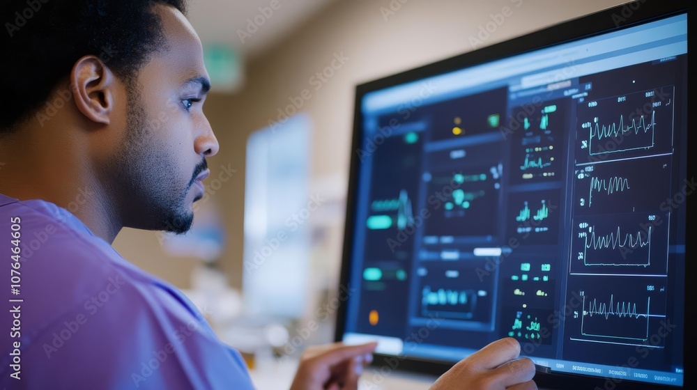 Healthcare specialist examining diagnostic data on floating screen, clinical setting, medical tech, interface Healthcare specialist examining diagnostic data on floating screen, clinical setting, medical tech, interface