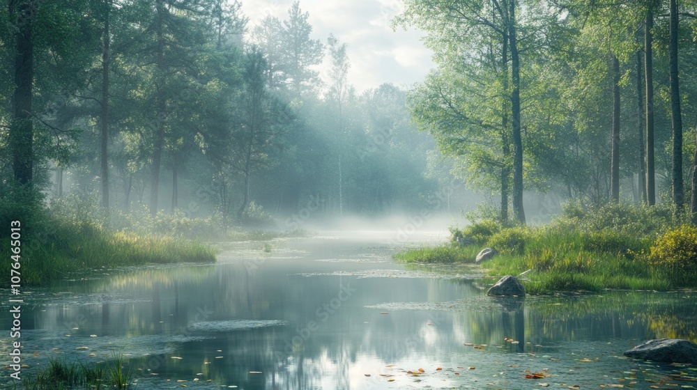 Fototapeta premium Foggy Forest River with Sun Rays and Fallen Leaves