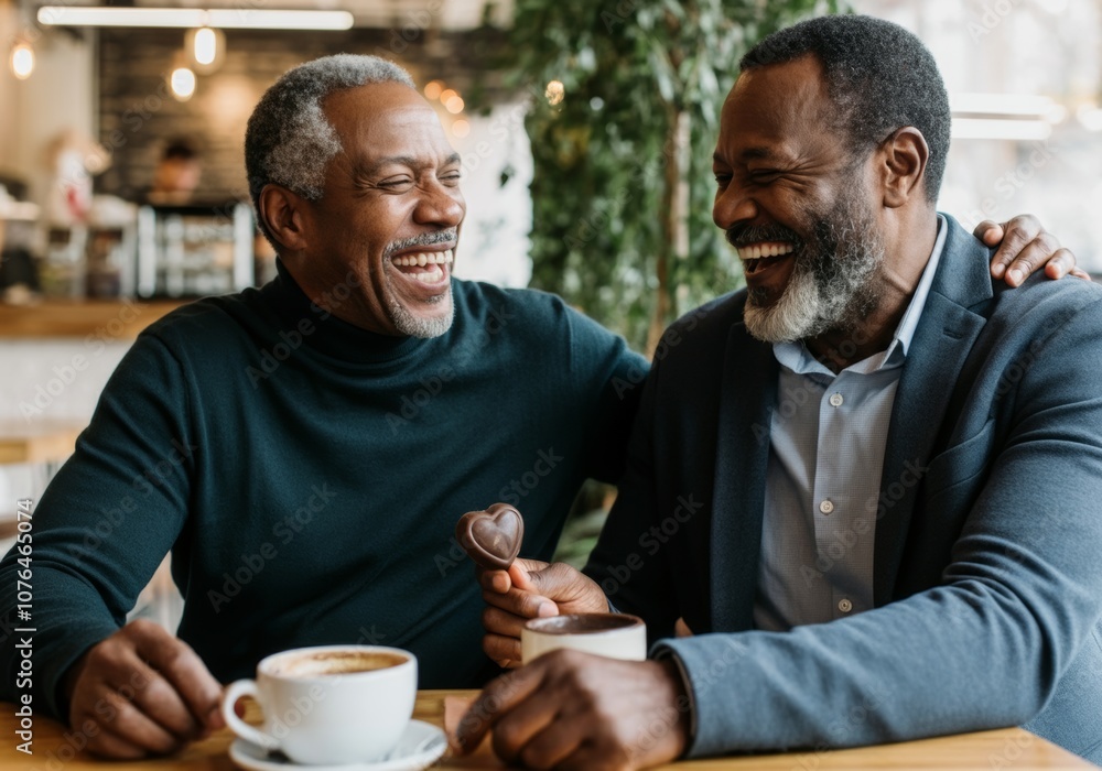 An elderly African-American same-sex couple celebrated Valentine's Day at a cafe. The partners laugh and enjoy chocolate hearts An elderly African-American same-sex couple celebrated Valentine's Day at a cafe. The partners laugh and enjoy chocolate hearts