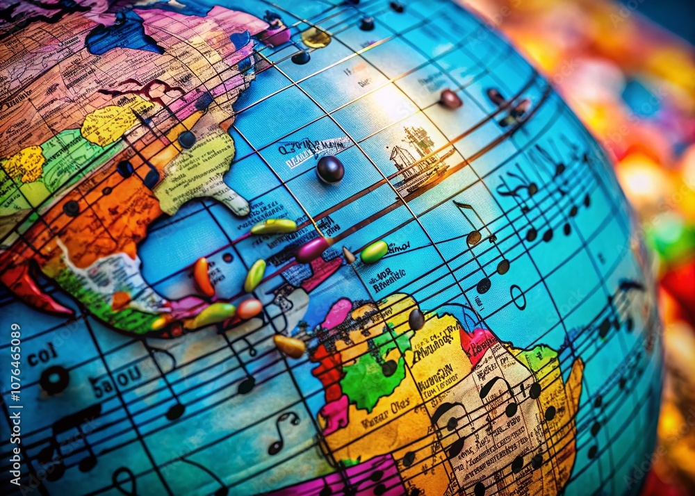 Obraz premium Enchanting Musical Globe with Floating Notes Showcasing the Diverse Sounds of the World in a Macro Photography Style for a Vibrant and Artistic Background