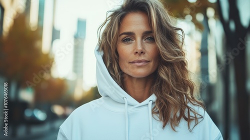 A fashionable woman wearing a white hoodie stands confidently in a bustling city street scene, showcasing modern style and urban vitality amidst a lively backdrop. photo