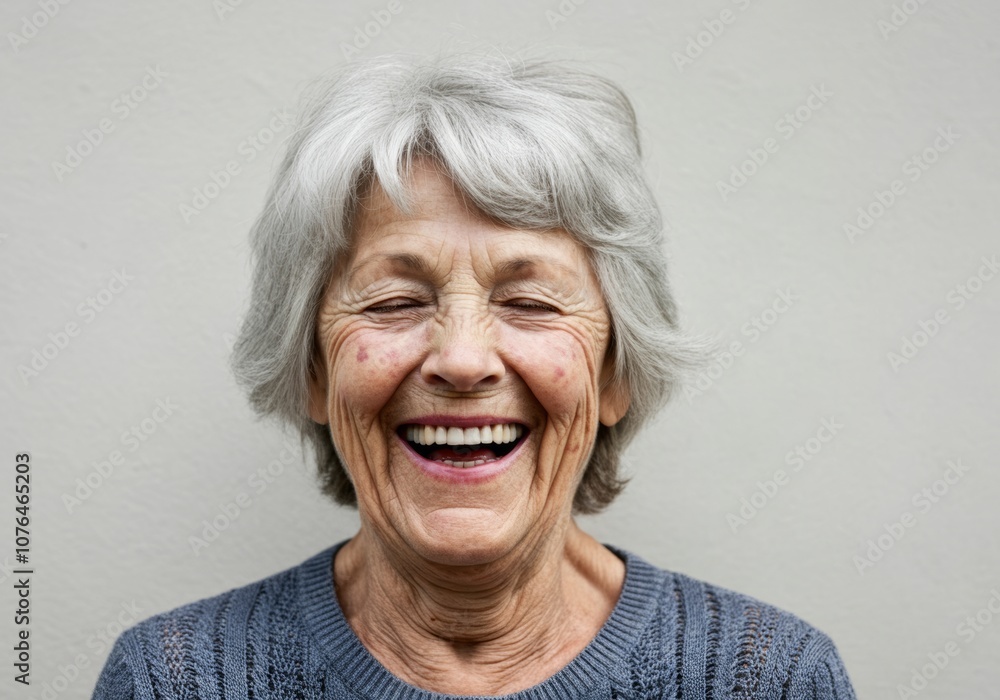 Elderly woman with a joyful expression and visible age spots, laughing with eyes closed, emphasizing the natural beauty of laughter lines. Elderly woman with a joyful expression and visible age spots, laughing with eyes closed, emphasizing the natural beauty of laughter lines.