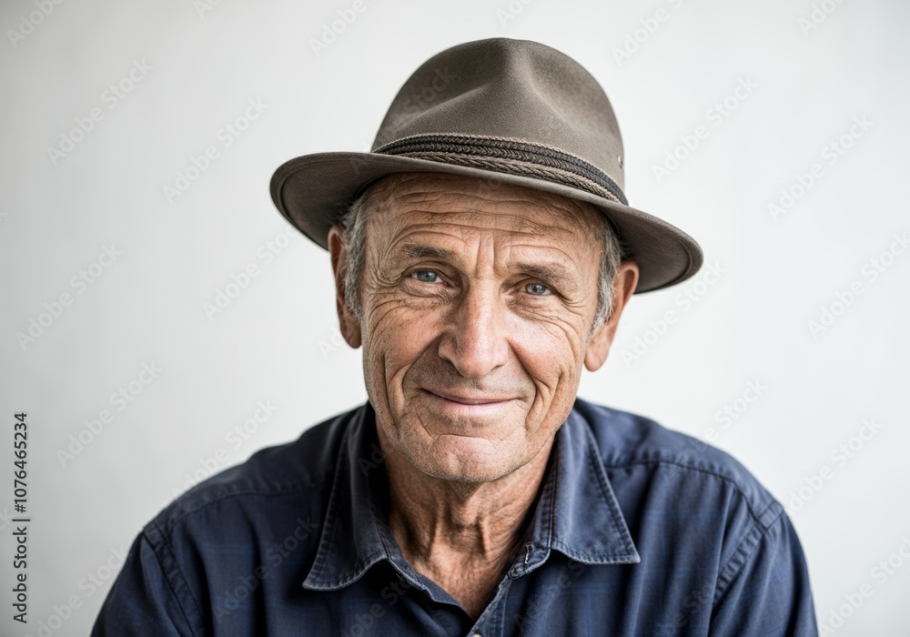 Senior man with wrinkles and a weathered hat, gazing softly into the camera with a small smile, highlighting his journey and natural charm Senior man with wrinkles and a weathered hat, gazing softly into the camera with a small smile, highlighting his journey and natural charm