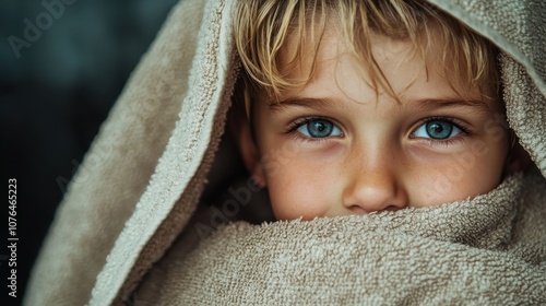 A young child wrapped snugly in a towel, with strikingly blue eyes peering out, creating an intimate and serene moment after bath time. photo