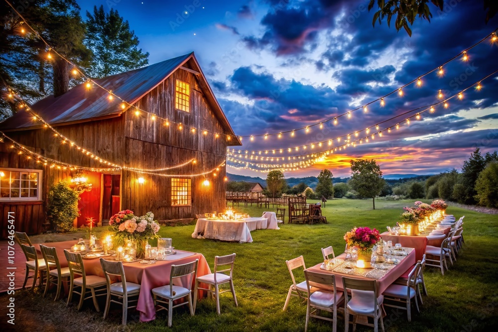Enchanting Night Photography of a Rustic Hale Farm and Village Wedding with Twinkling Lights and Charming Barn Backdrop, Ideal for Capturing Romantic Moments and Celebrations Enchanting Night Photography of a Rustic Hale Farm and Village Wedding with Twinkling Lights and Charming Barn Backdrop, Ideal for Capturing Romantic Moments and Celebrations