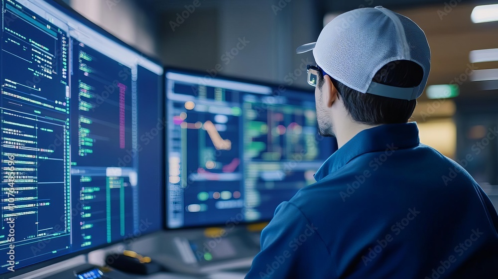 IT technician monitoring system health on vibrant display, digital control room, IT maintenance, interface IT technician monitoring system health on vibrant display, digital control room, IT maintenance, interface