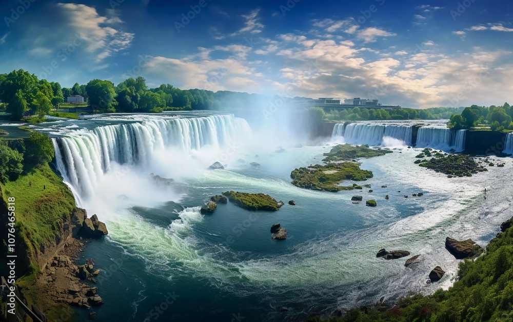 Fototapeta premium A stunning panoramic view of a waterfall surrounded by lush greenery and a serene river.