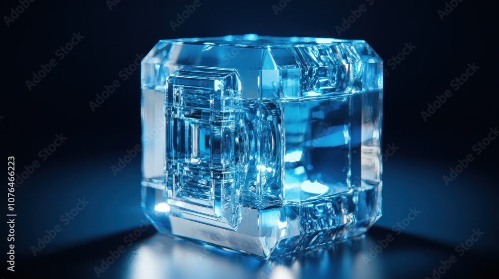 A Crystal Cube Shimmers on a Blue Background A Crystal Cube Shimmers on a Blue Background