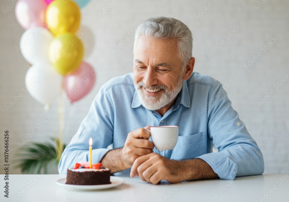 Senior man celebrating birthday with cake and coffee smiling at table Senior man celebrating birthday with cake and coffee smiling at table