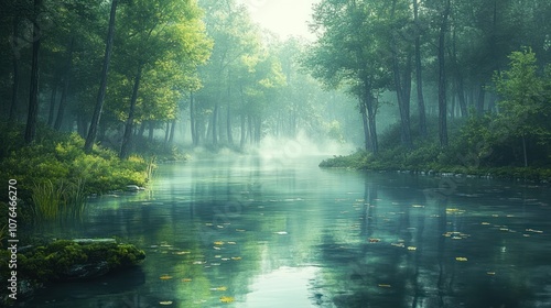 A Serene River Winding Through a Misty Forest
