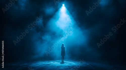 A dramatic spotlight shines down on a captivated audience in a dark, foggy atmosphere, creating an intense and immersive scene that highlights the thrill, anticipation, and energy of a live performanc