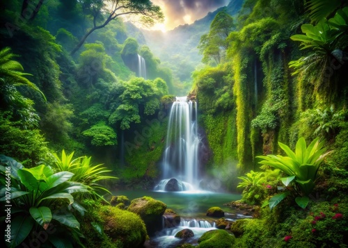 Enchanting Rainforest Paradise with Lush Green Foliage and Majestic Waterfall in a Misty Mountain Landscape of Tropical Asia for Nature Lovers