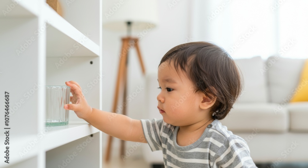 Child safety: toddler in striped shirt reaching for glass on shelf in bright living room Child safety: toddler in striped shirt reaching for glass on shelf in bright living room