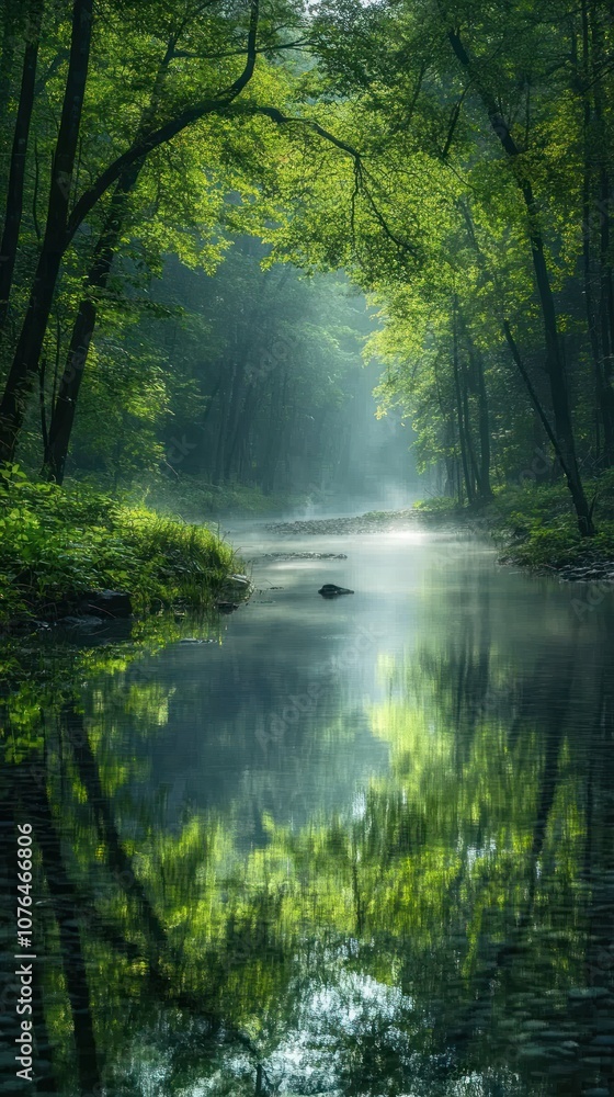 Misty River Reflecting Lush Green Trees in a Tranquil Forest Misty River Reflecting Lush Green Trees in a Tranquil Forest