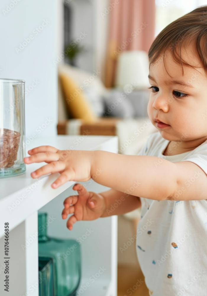 Curious toddler exploring home environment with intriguing object on shelf Curious toddler exploring home environment with intriguing object on shelf