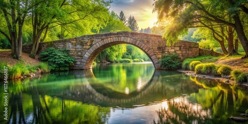 Enchanting Stone Arch Bridge Illuminated by Soft Light, Surrounded by Lush Greenery and Reflecting in a Tranquil Stream, Capturing the Essence of Nature's Beauty and Architecture