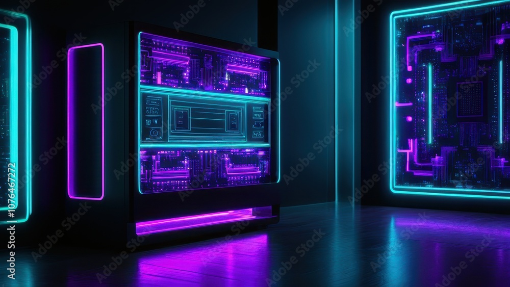 Futuristic neon circuit wall design with vibrant purple and cyan lights, perfect for tech and digital art themes Futuristic neon circuit wall design with vibrant purple and cyan lights, perfect for tech and digital art themes