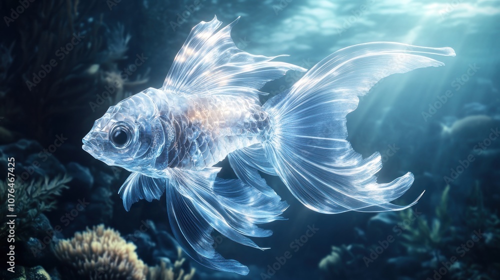 Fototapeta premium Transparent Goldfish with Faded Fin Swims Through Underwater Plants