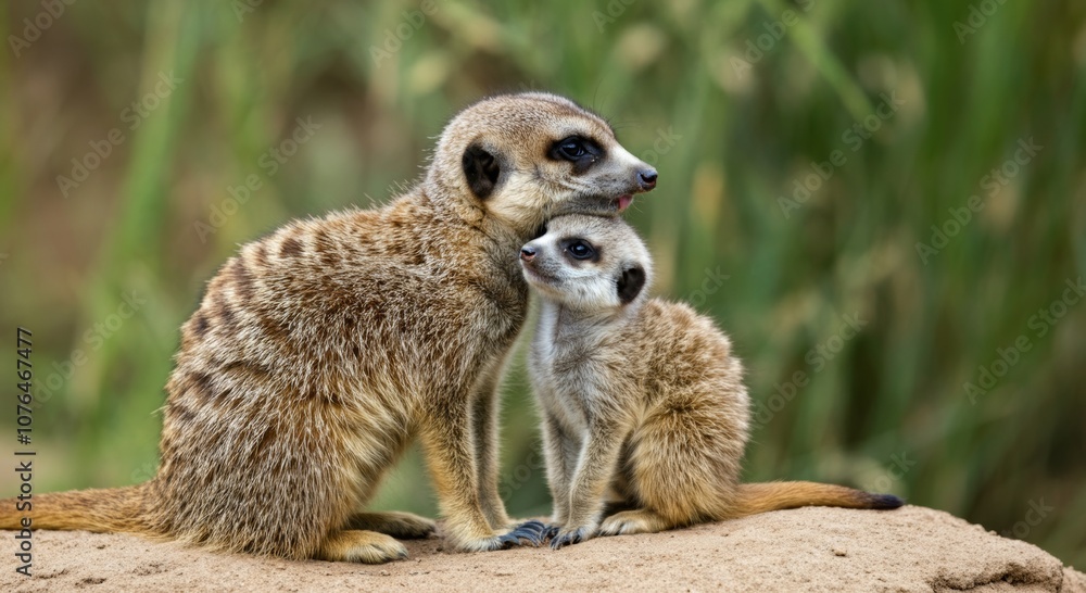 Fototapeta premium Adorable meerkats embracing in natural habitat