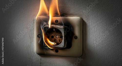 Electrical outlet fire hazard with flames and smoke visible on wall socket