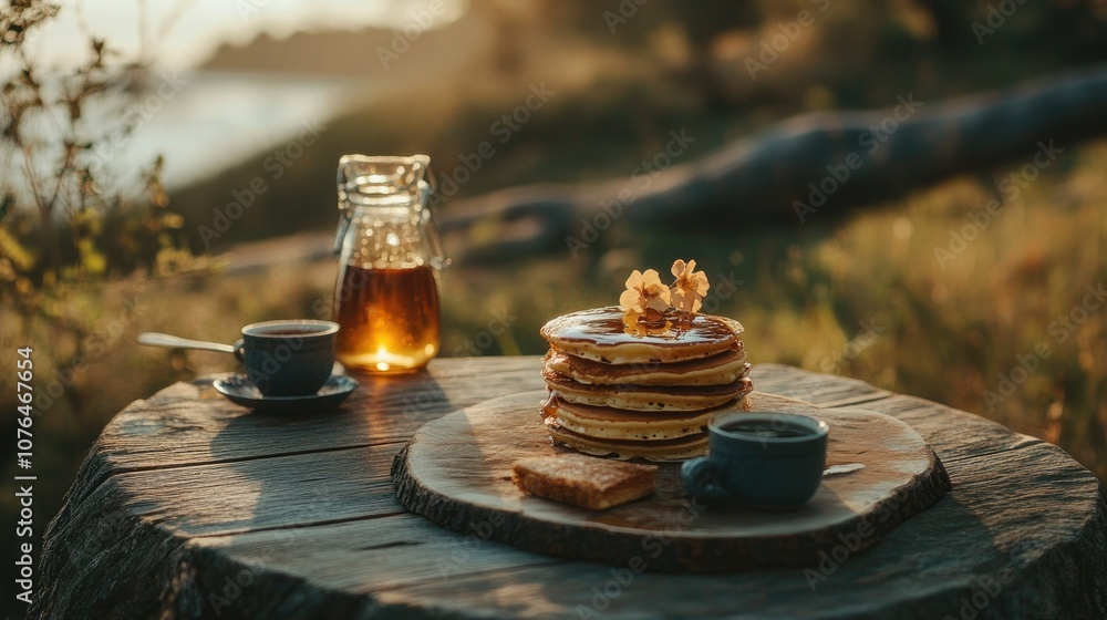 Obraz premium Morning Pancakes with Coffee by the Lake
