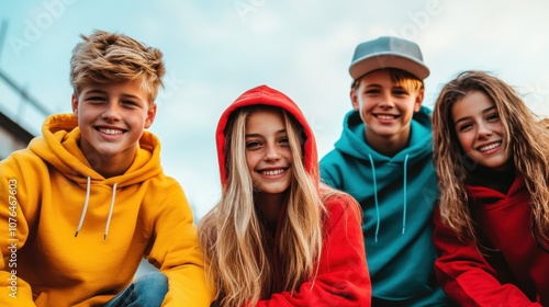 Four cheerful young individuals wearing brightly colored hoodies, with the sky in the background, embody positivity, friendship, and outdoor adventure. photo