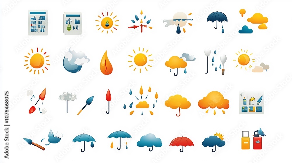Obraz premium Vibrant and Visually Appealing Weather Icon Set Featuring Sunny Rainy Stormy and Snowy Symbols in a Stylized Graphic Design